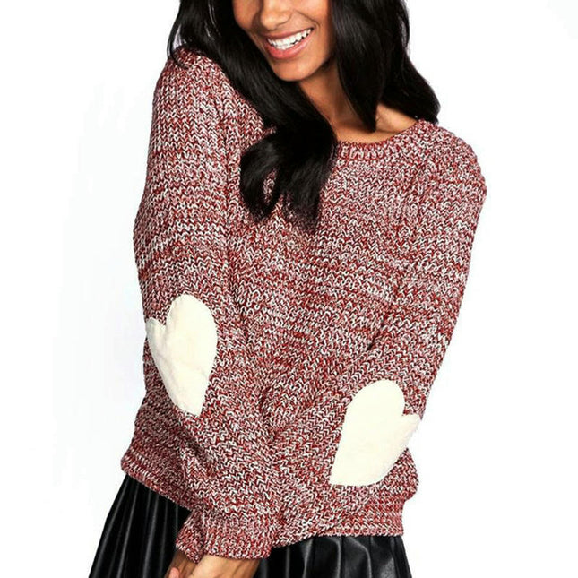 Women's Long Sleeve Crew Neck Cute Heart Knitted Casual Pullover Sweater