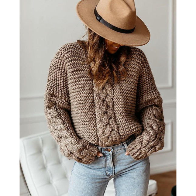 Womens Cable Knit Sweaters Long Sleeve Crewneck Casual Fall Pullover Top