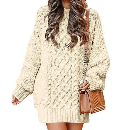 Women Long Sleeve Cable Knit Chunky Loose Pullover Mini Sweater Dress