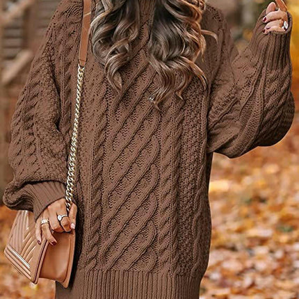Women Long Sleeve Cable Knit Chunky Loose Pullover Mini Sweater Dress