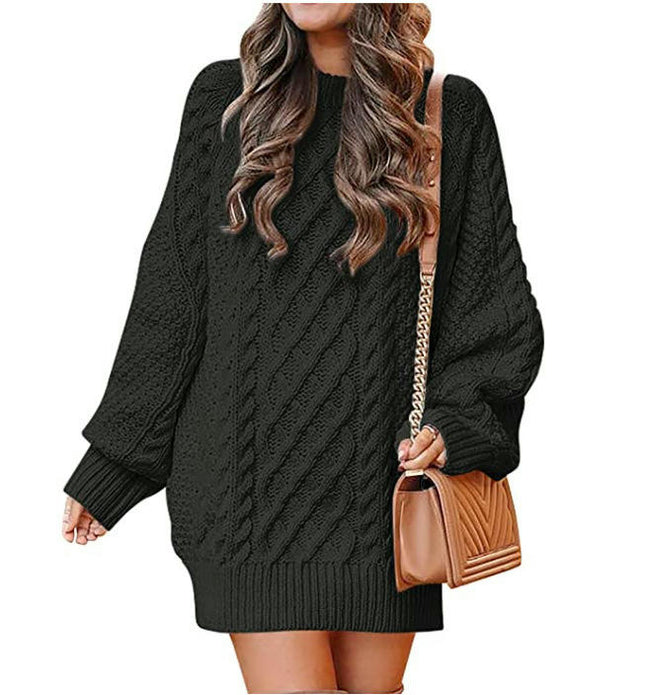 Women Long Sleeve Cable Knit Chunky Loose Pullover Mini Sweater Dress