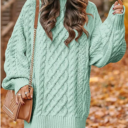 Women Long Sleeve Cable Knit Chunky Loose Pullover Mini Sweater Dress