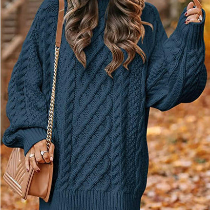 Women Long Sleeve Cable Knit Chunky Loose Pullover Mini Sweater Dress