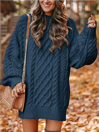 Women Long Sleeve Cable Knit Chunky Loose Pullover Mini Sweater Dress