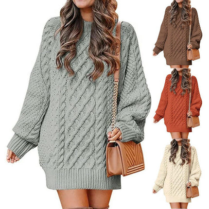Women Long Sleeve Cable Knit Chunky Loose Pullover Mini Sweater Dress