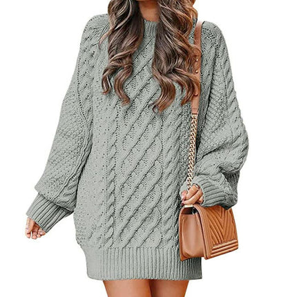 Women Long Sleeve Cable Knit Chunky Loose Pullover Mini Sweater Dress
