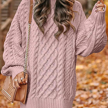 Women Long Sleeve Cable Knit Chunky Loose Pullover Mini Sweater Dress