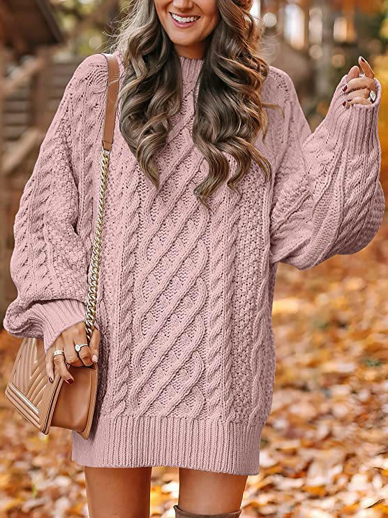 Women Long Sleeve Cable Knit Chunky Loose Pullover Mini Sweater Dress