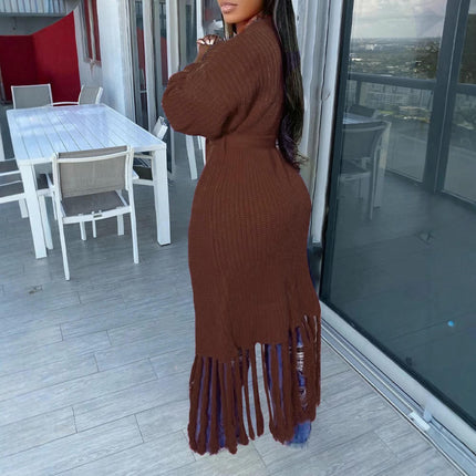 Long Cardigan for Women Fall Open Front Belted Tassel Fall Winter Sweaters