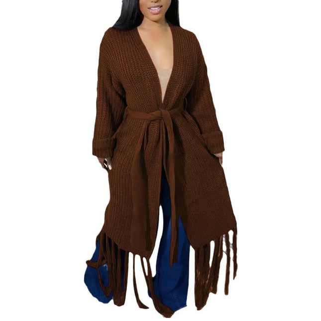 Long Cardigan for Women Fall Open Front Belted Tassel Fall Winter Sweaters