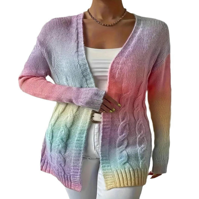 Womens Colorful Cardigan Long Sleeve Open Front Cable Knit Sweater