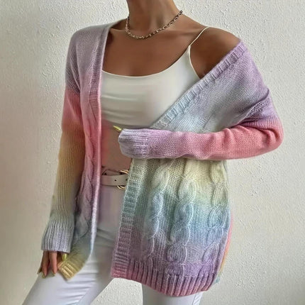 Womens Colorful Cardigan Long Sleeve Open Front Cable Knit Sweater