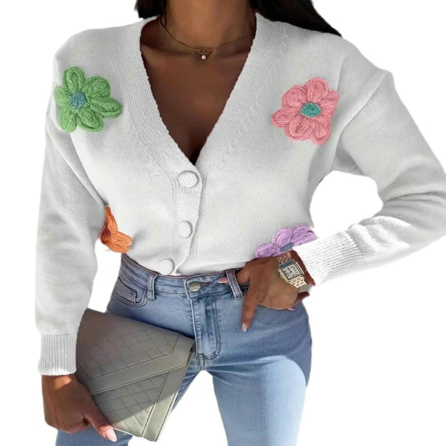 Women's Floral Cardigan Long Sleeve Button Down V Neck Knitted Sweaters