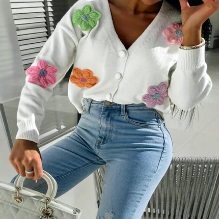 Women's Floral Cardigan Long Sleeve Button Down V Neck Knitted Sweaters