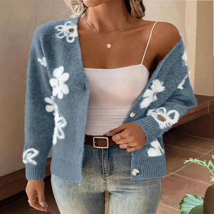 Women's Floral Button Down Cardigan Long Sleeve V Neck Knit Sweater