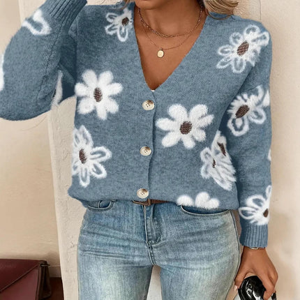 Women's Floral Button Down Cardigan Long Sleeve V Neck Knit Sweater
