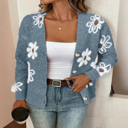 Women's Floral Button Down Cardigan Long Sleeve V Neck Knit Sweater