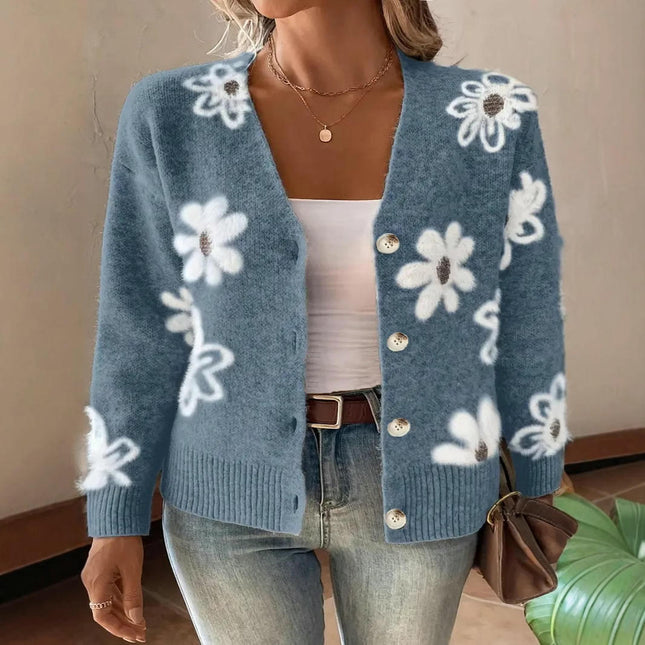 Women's Floral Button Down Cardigan Long Sleeve V Neck Knit Sweater