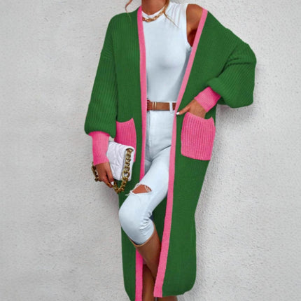 Women's Long Sleeve Open Front Color Block Long Cardigan Sweater with Pockets