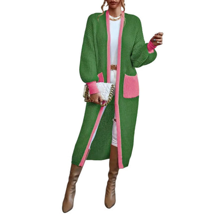 Women's Long Sleeve Open Front Color Block Long Cardigan Sweater with Pockets