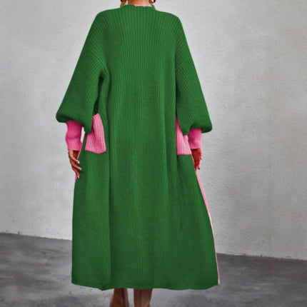 Women's Long Sleeve Open Front Color Block Long Cardigan Sweater with Pockets