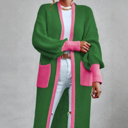 Women's Long Sleeve Open Front Color Block Long Cardigan Sweater with Pockets