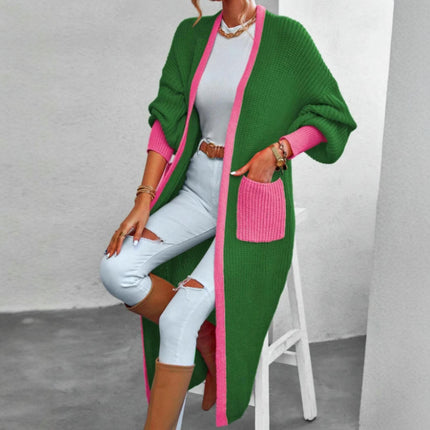 Women's Long Sleeve Open Front Color Block Long Cardigan Sweater with Pockets