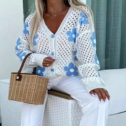 Women's Flower Print Hollow Out Button Down Long Sleeve Knit Cardigan