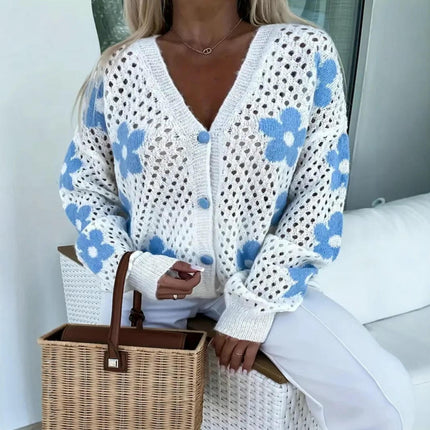 Women's Flower Print Hollow Out Button Down Long Sleeve Knit Cardigan