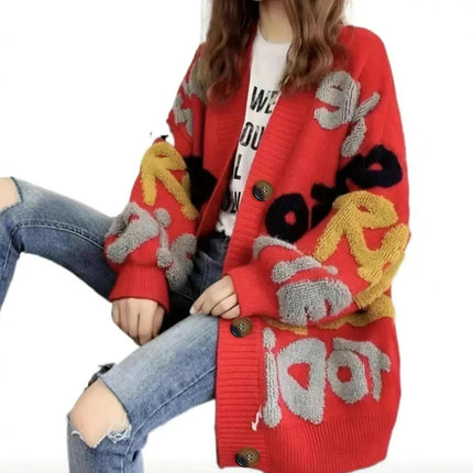 Women's Color Block Letter Print Button Down Long Sleeve Cardigan Sweaters