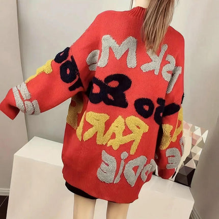 Women's Color Block Letter Print Button Down Long Sleeve Cardigan Sweaters