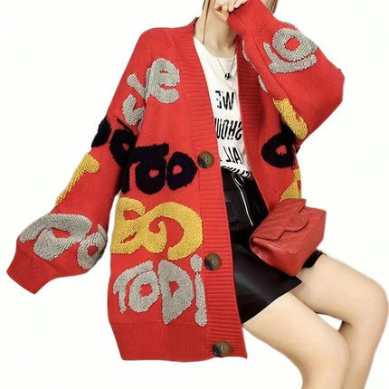 Women's Color Block Letter Print Button Down Long Sleeve Cardigan Sweaters