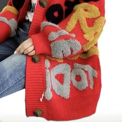 Women's Color Block Letter Print Button Down Long Sleeve Cardigan Sweaters
