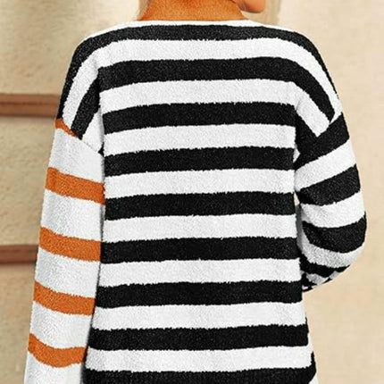Women's Striped Contrast V Neck Long Sleeve Button Knit Cardigan-B1
