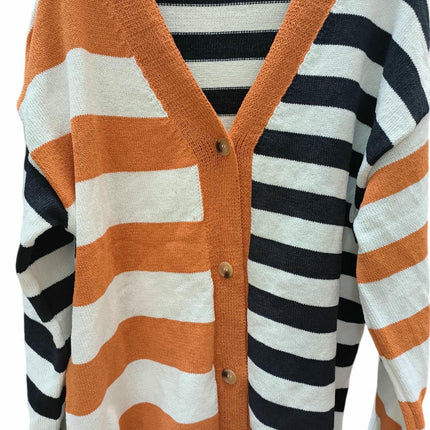 Women's Striped Contrast V Neck Long Sleeve Button Knit Cardigan-B1