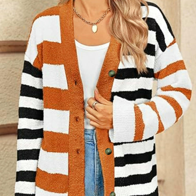 Women's Striped Contrast V Neck Long Sleeve Button Knit Cardigan-B1