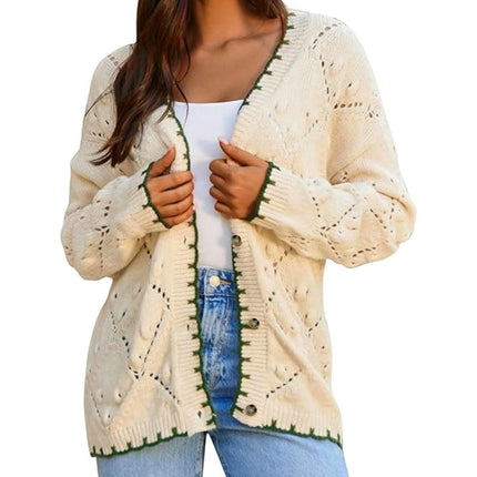 Womens Hollow Cardigan Button Down Long Sleeve Color Block Knit Sweaters