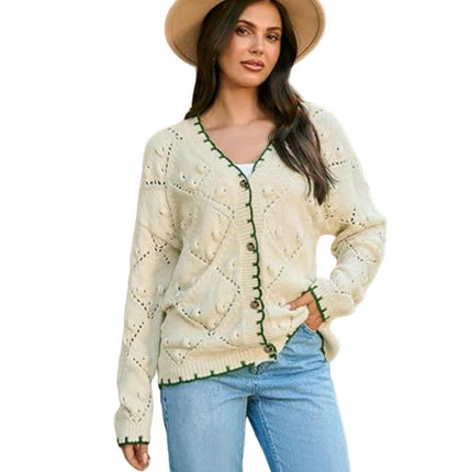 Womens Hollow Cardigan Button Down Long Sleeve Color Block Knit Sweaters