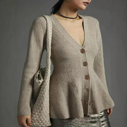 Womens Button Down Peplum Cardigan Long Sleeve Slim Fit V Neck Knit Sweater