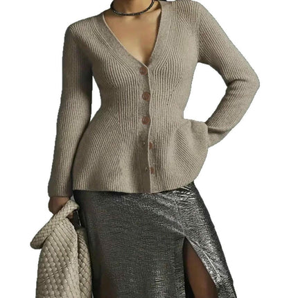 Womens Button Down Peplum Cardigan Long Sleeve Slim Fit V Neck Knit Sweater