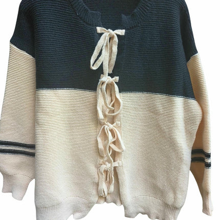 Women's Color Block Bow Tie Front Long Sleeve Knit Cardigan Sweaters