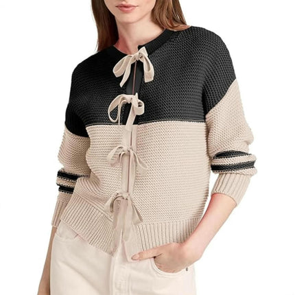 Women's Color Block Bow Tie Front Long Sleeve Knit Cardigan Sweaters