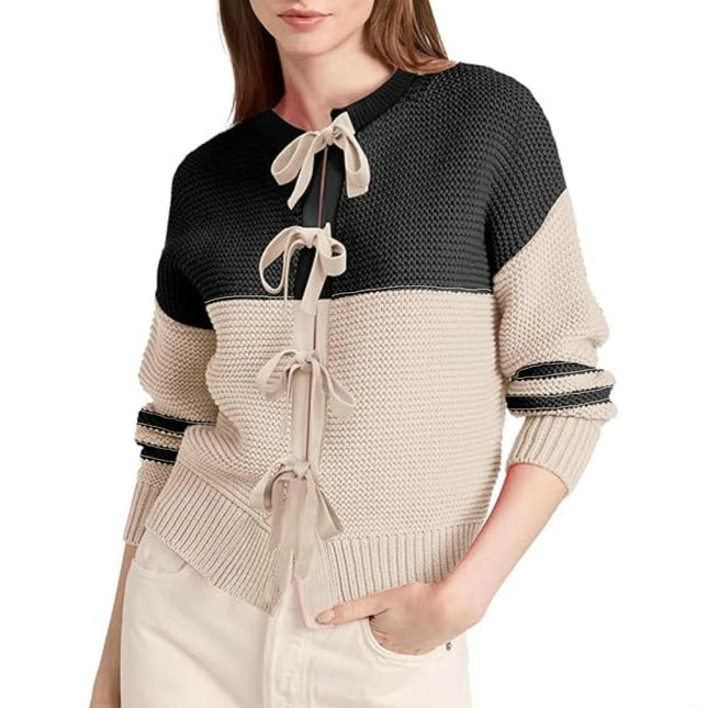 Women's Color Block Bow Tie Front Long Sleeve Knit Cardigan Sweaters