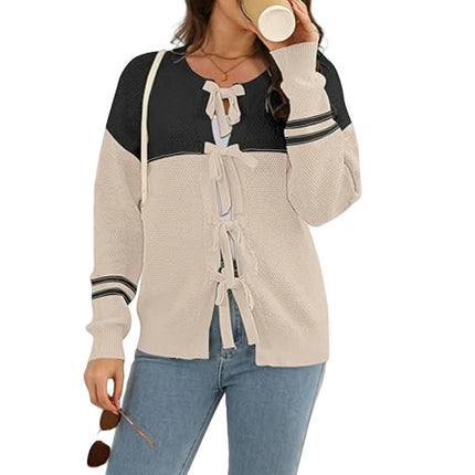 Women's Color Block Bow Tie Front Long Sleeve Knit Cardigan Sweaters