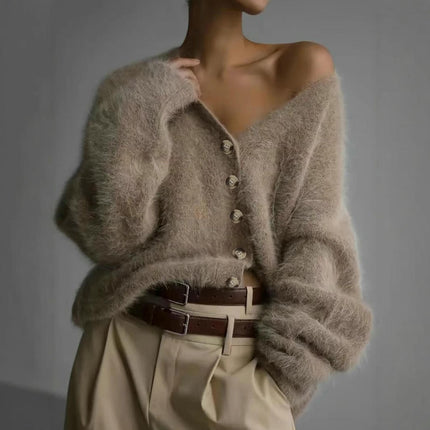 Women's V Neck Button Down Long Sleeve Fuzzy Knit Cardigan Sweater