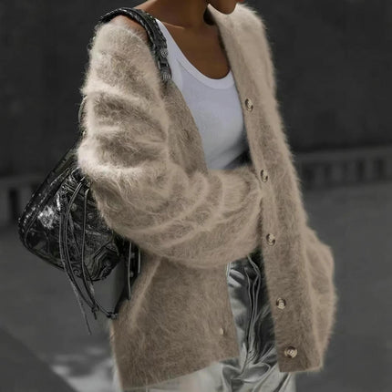 Women's V Neck Button Down Long Sleeve Fuzzy Knit Cardigan Sweater