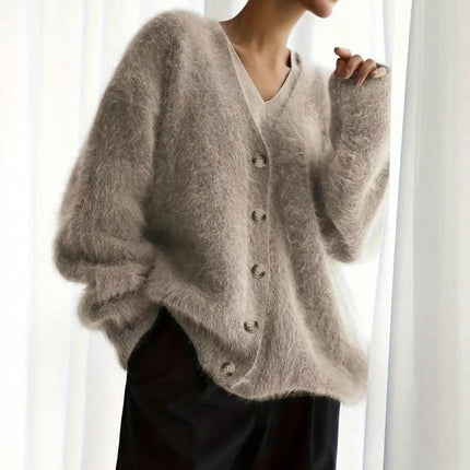 Women's V Neck Button Down Long Sleeve Fuzzy Knit Cardigan Sweater