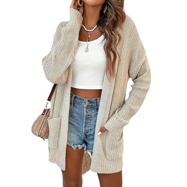 Women's Open Front Long Sleeve Cardigan Knit Hollow Sweaters with Pockets