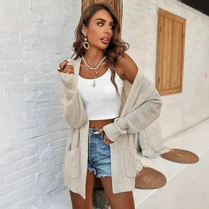 Women's Open Front Long Sleeve Cardigan Knit Hollow Sweaters with Pockets