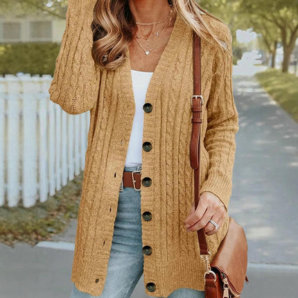 Women Long Sleeve Cable Knit Sweater Button Down V Neck Cardigan